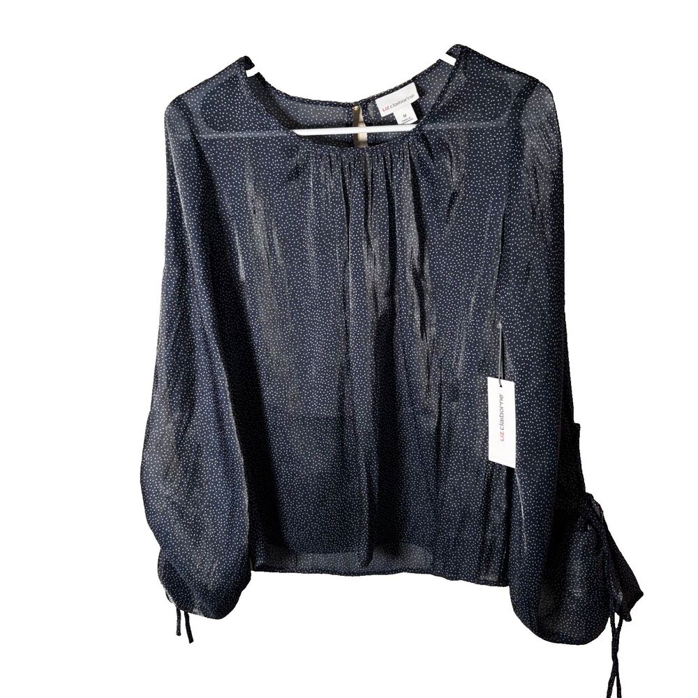 Liz Claiborne Blouse Women's Medium Navy Blue Sheer Lightweight Balloon NWT